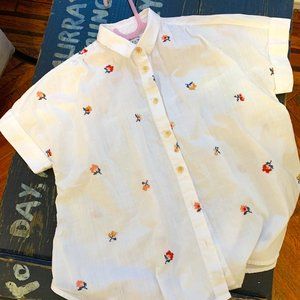 Madewell White Button Down V-Neck Pocket Cross-Stitch Floral Short Sleeve XS